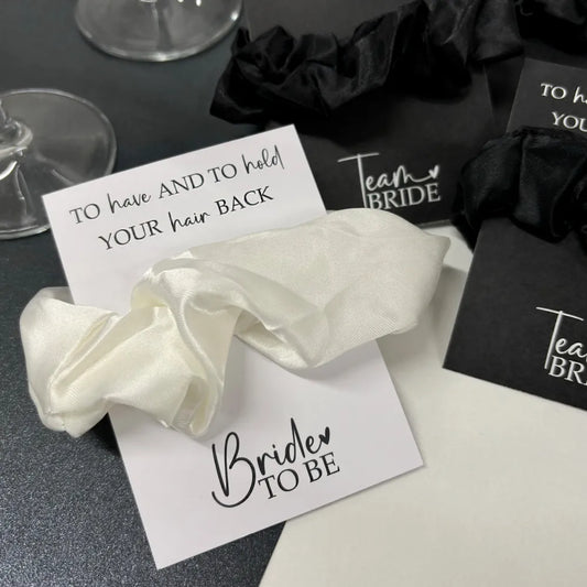 White bride to be hen party scrunchie.