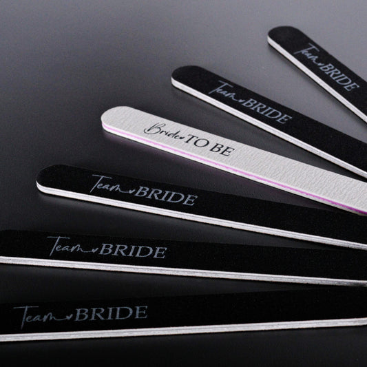 A group of hen party nail files in black and white.