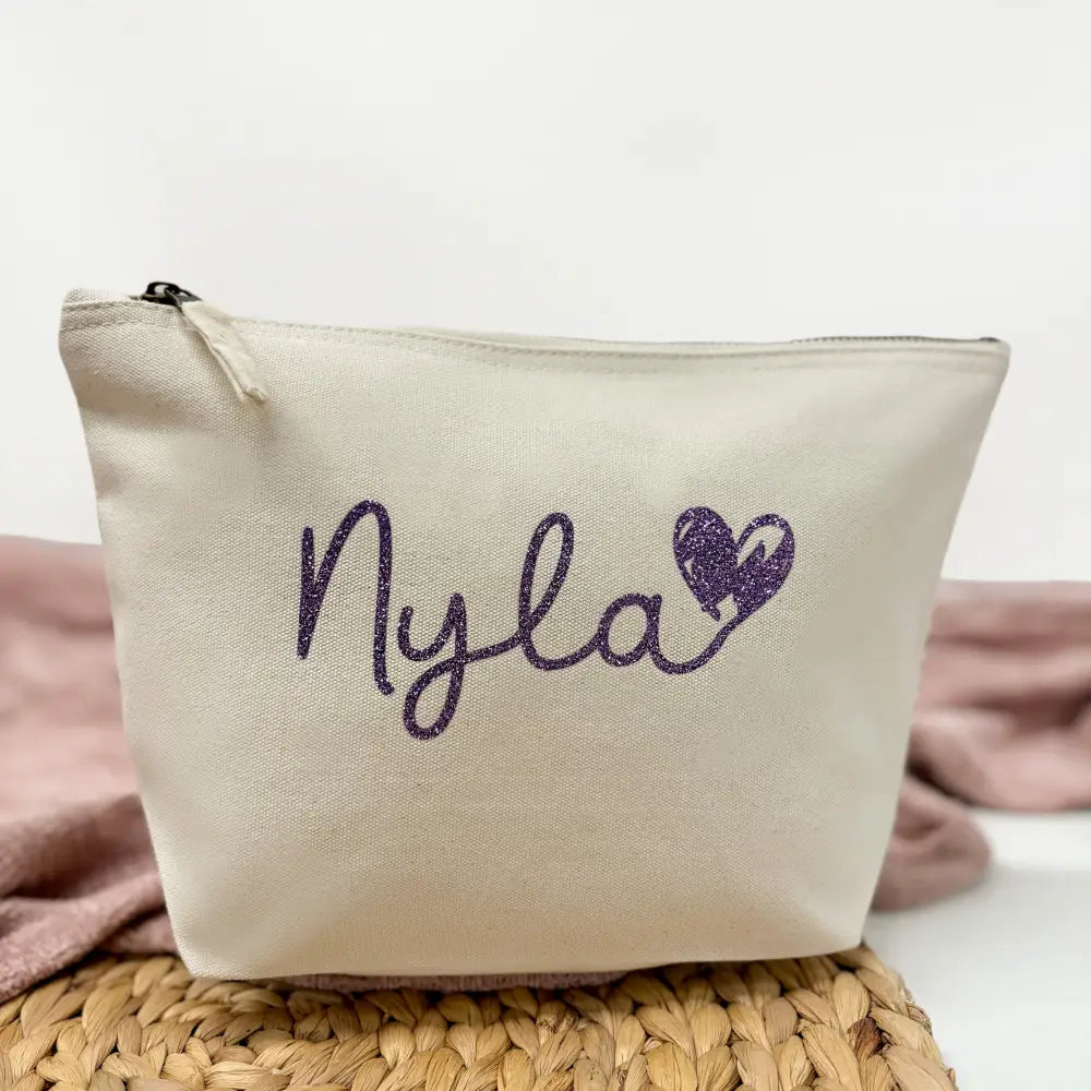 Personalised Glitter Makeup Bag - Script Heart