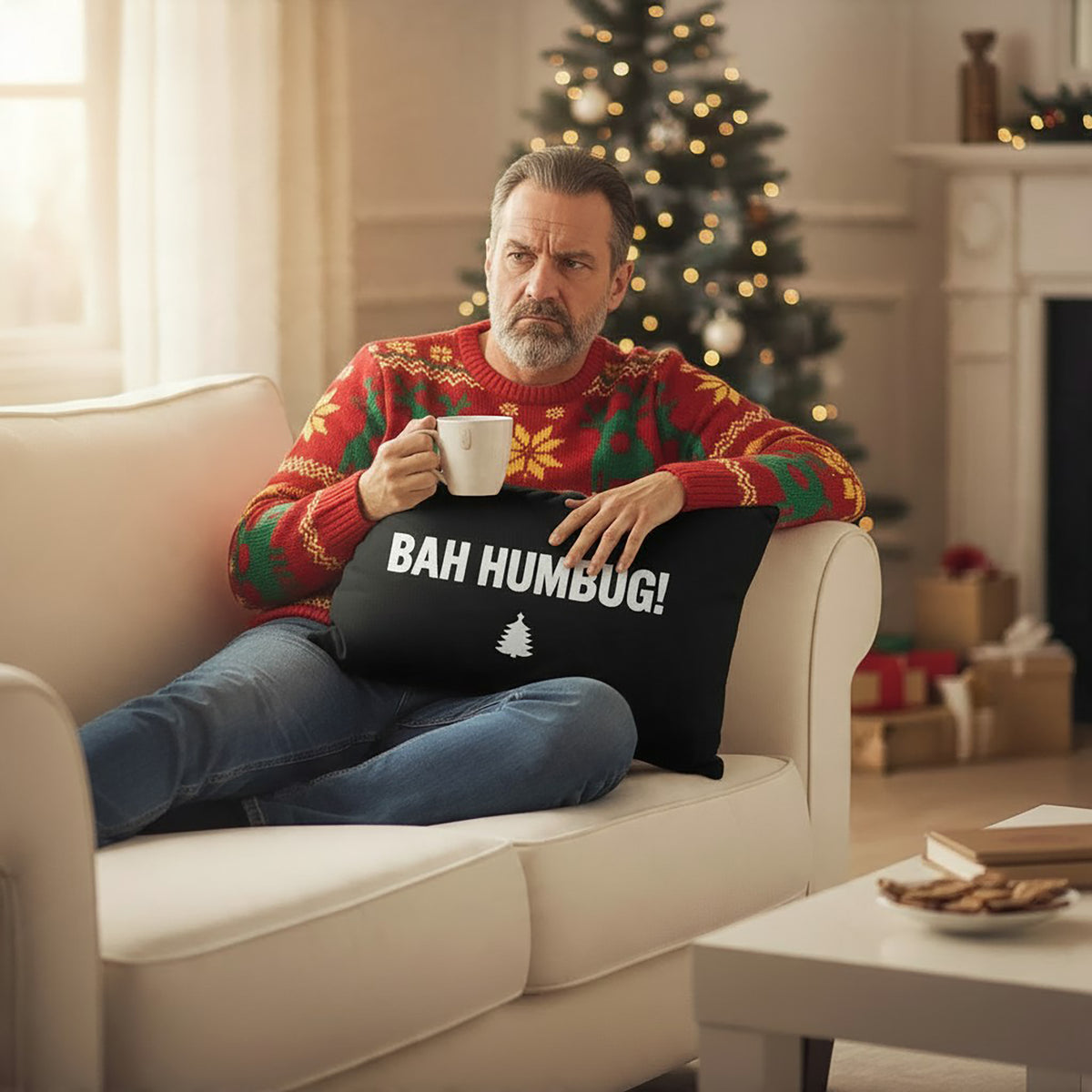 Grumpy old man cuddling Bah Humbug Black Christmas Cushion