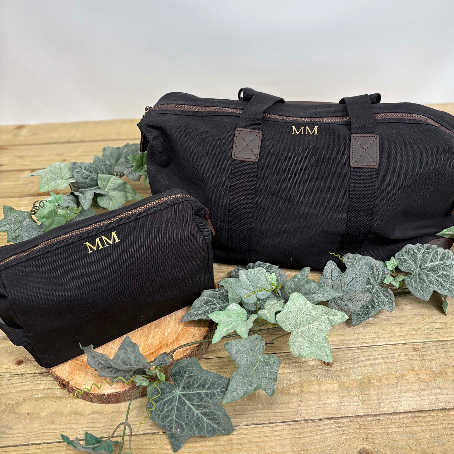 Personalised Men's Waxed Travel Bag Set - Black