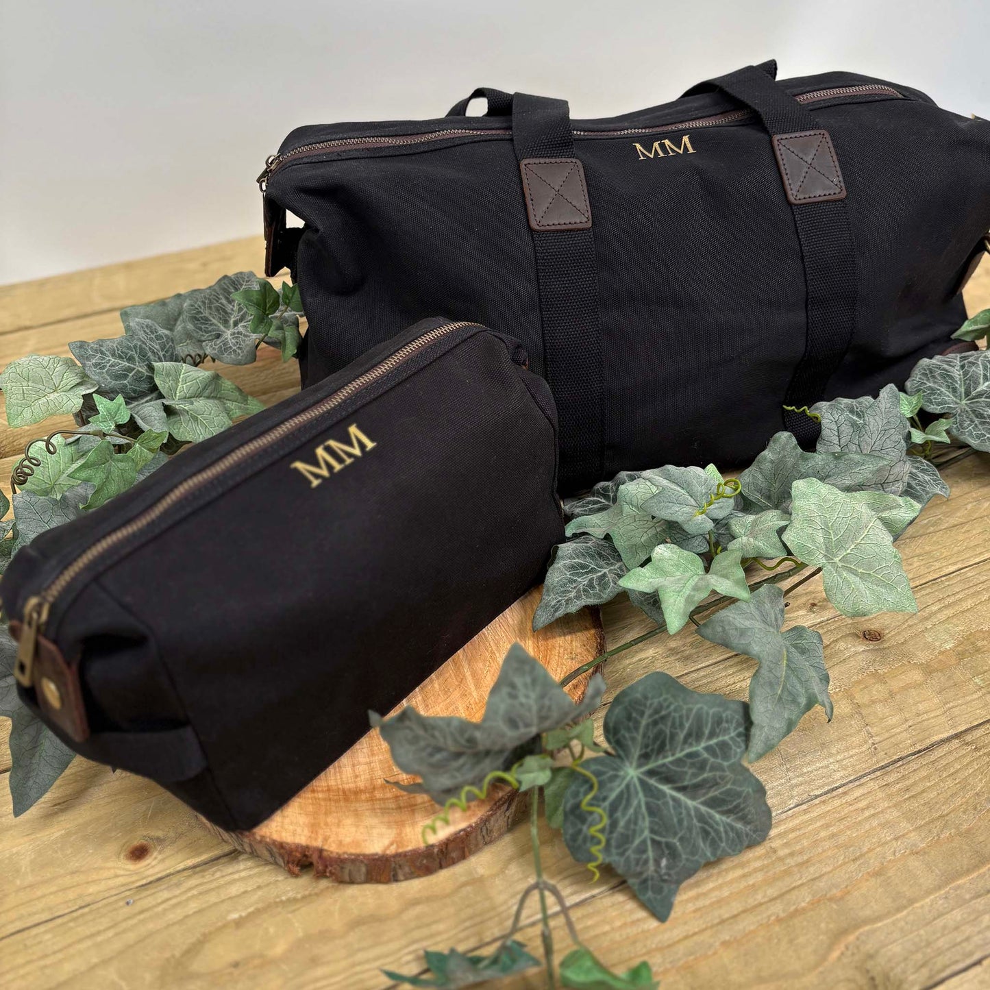 Personalised Men's Waxed Travel Bag Set - Black