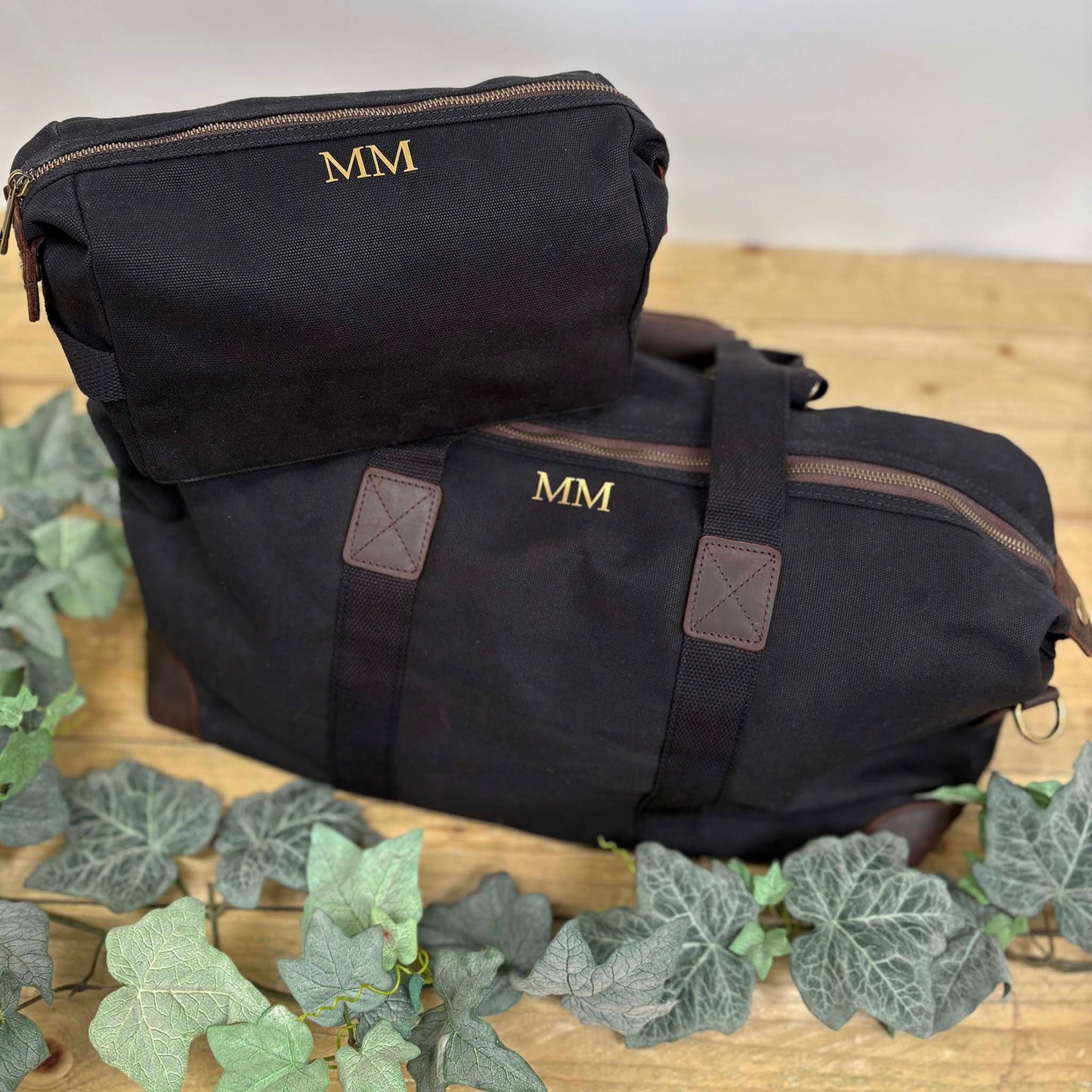 Personalised Men's Waxed Travel Bag Set - Black