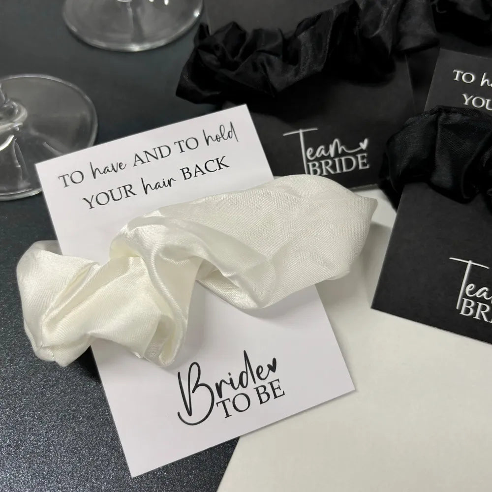 White bride to be hen party scrunchie.