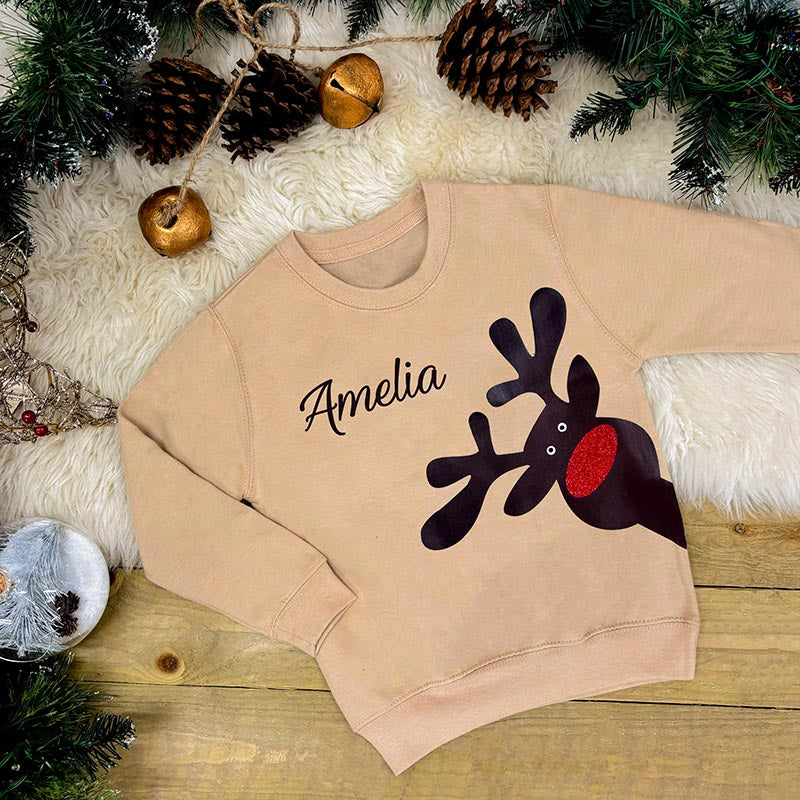 Personalised Family Christmas Jumper - Peeking Rudolph