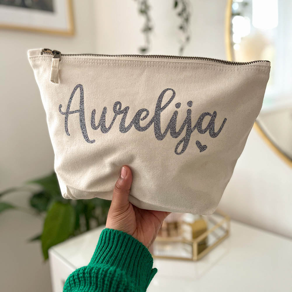 Personalised Glitter Makeup Bag - Heart