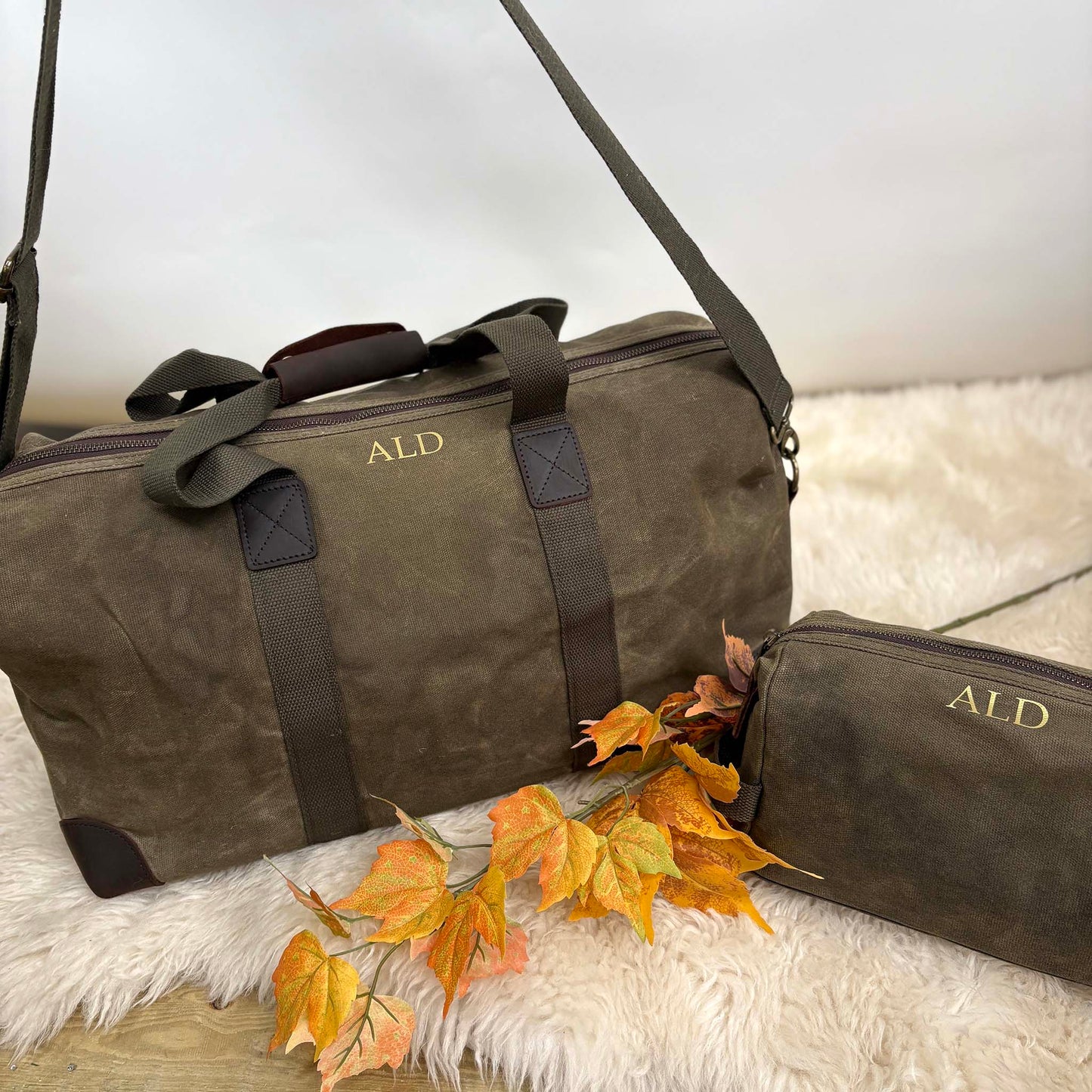 Personalised Men's Waxed Travel Bag Set - Olive Green