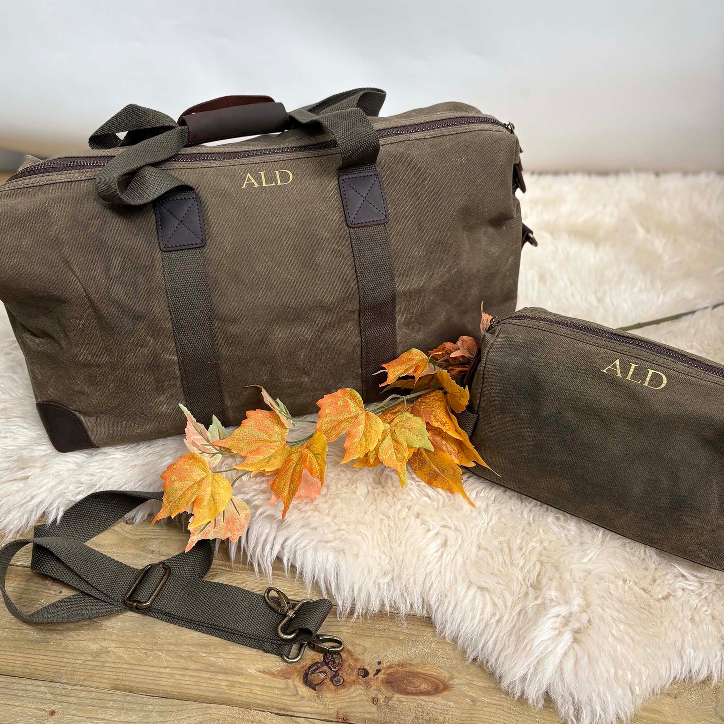 Personalised Men's Waxed Travel Bag Set - Olive Green