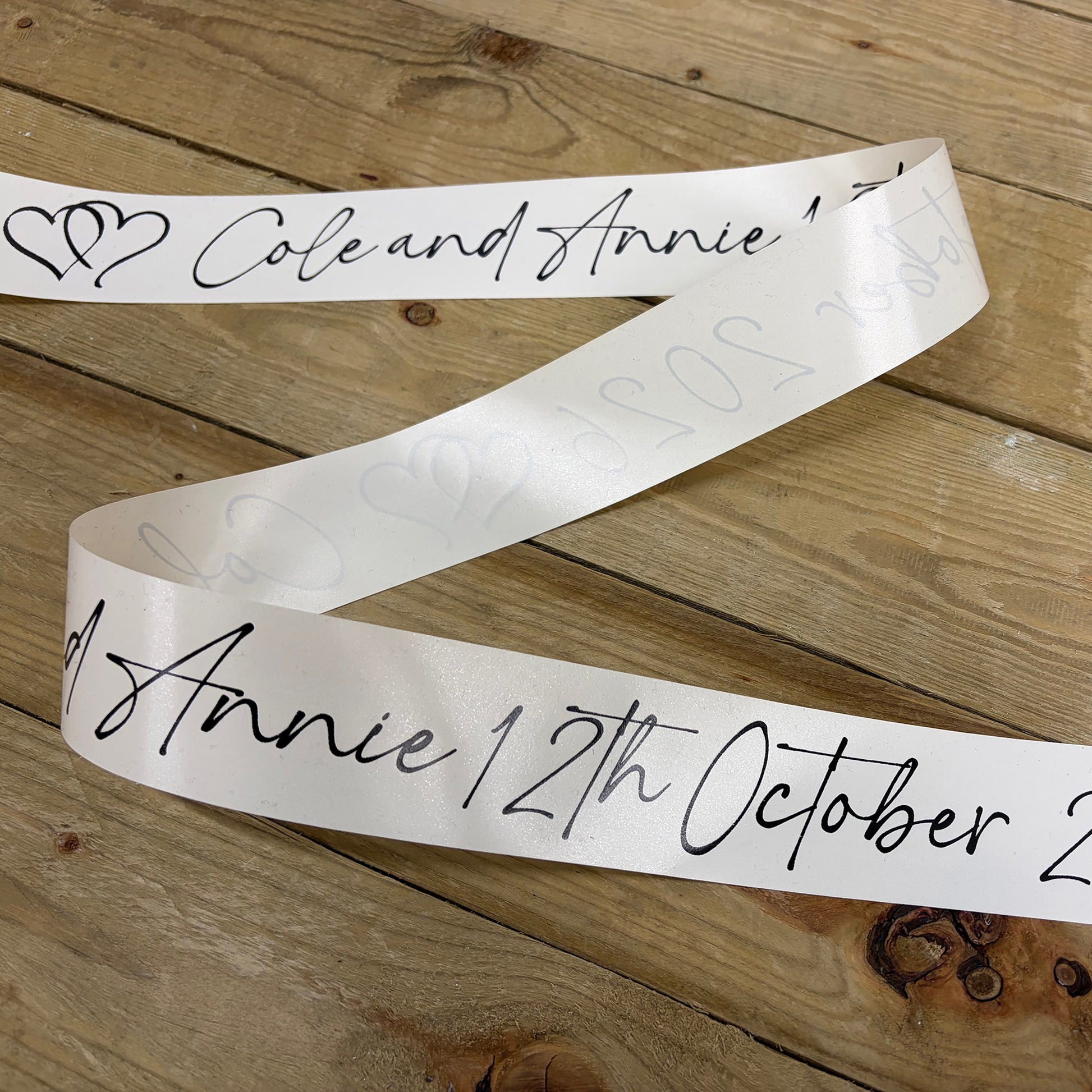 Personalised wedding car ribbon in Ivory with Black Print.