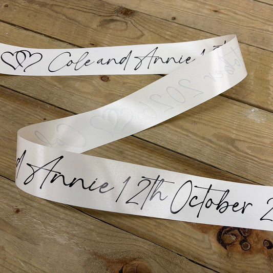 Personalised wedding car ribbon in Ivory with Black Print.
