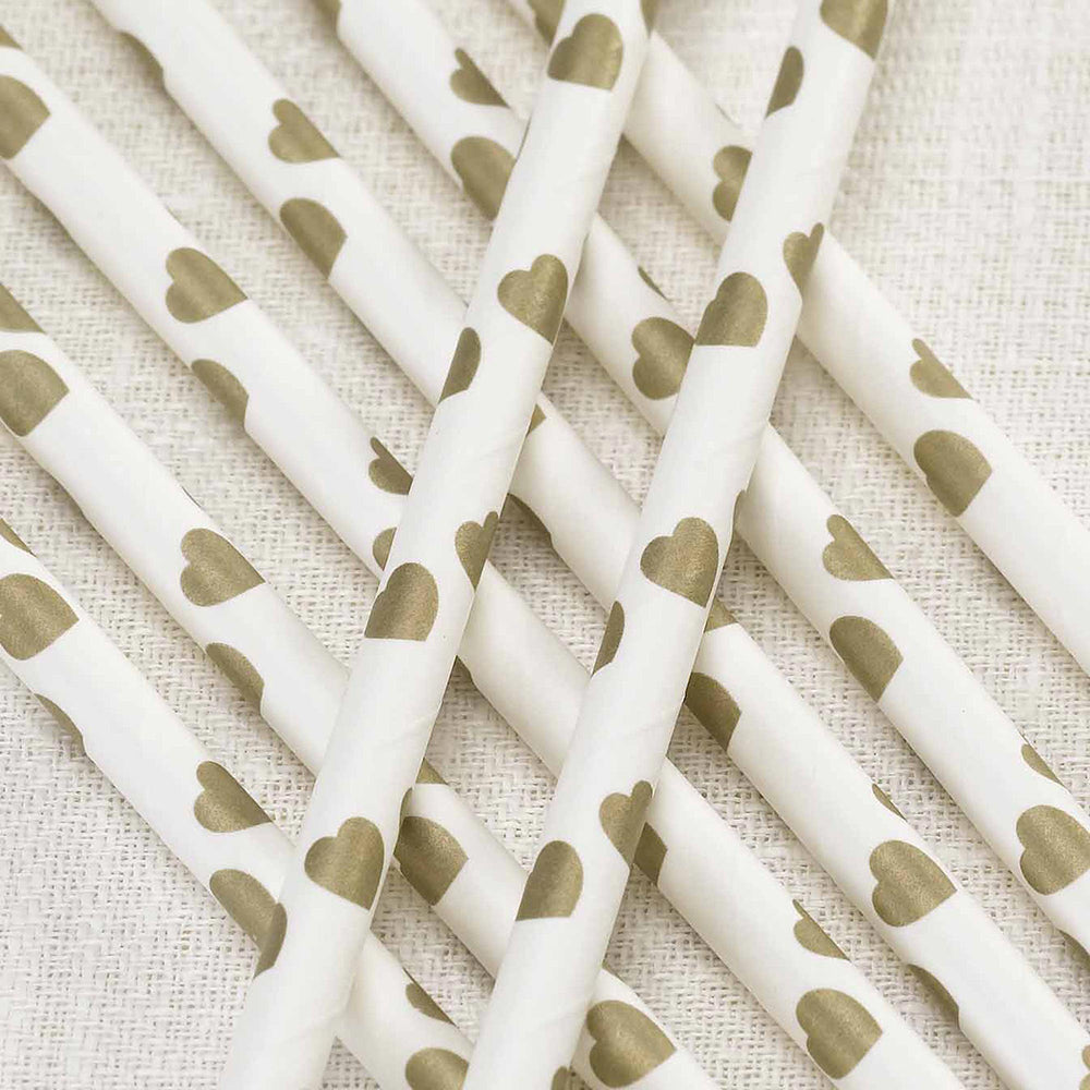 Ivory and Gold Heart Straws