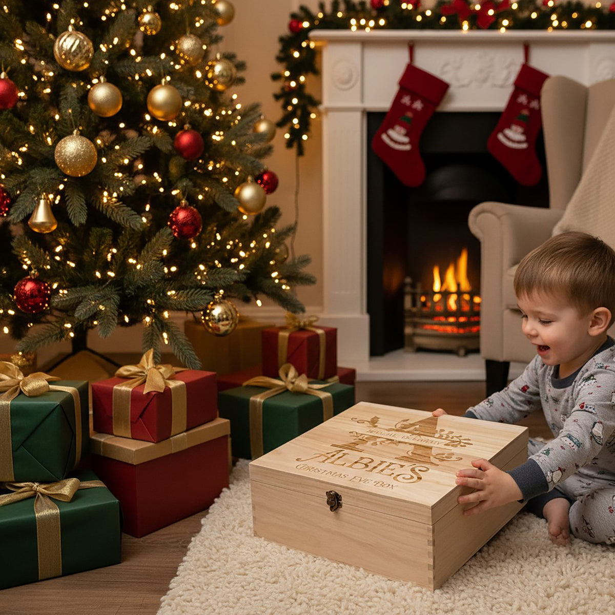 A toddler in holiday pyjamas sits on a white rug next to a decorated Christmas tree and fireplace, holding a personalized wooden gift box engraved with the name 'ALBIES' and 'Christmas Eve Box'.