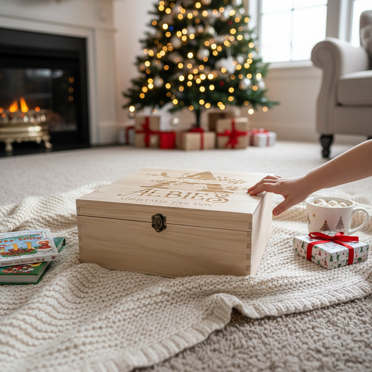 A wooden keepsake box engraved with 'ALBIE' sits on a cream knit blanket in a cosy living room. A child's hand is reaching toward the box, with a Christmas tree, fireplace, and wrapped gifts blurred in the background.