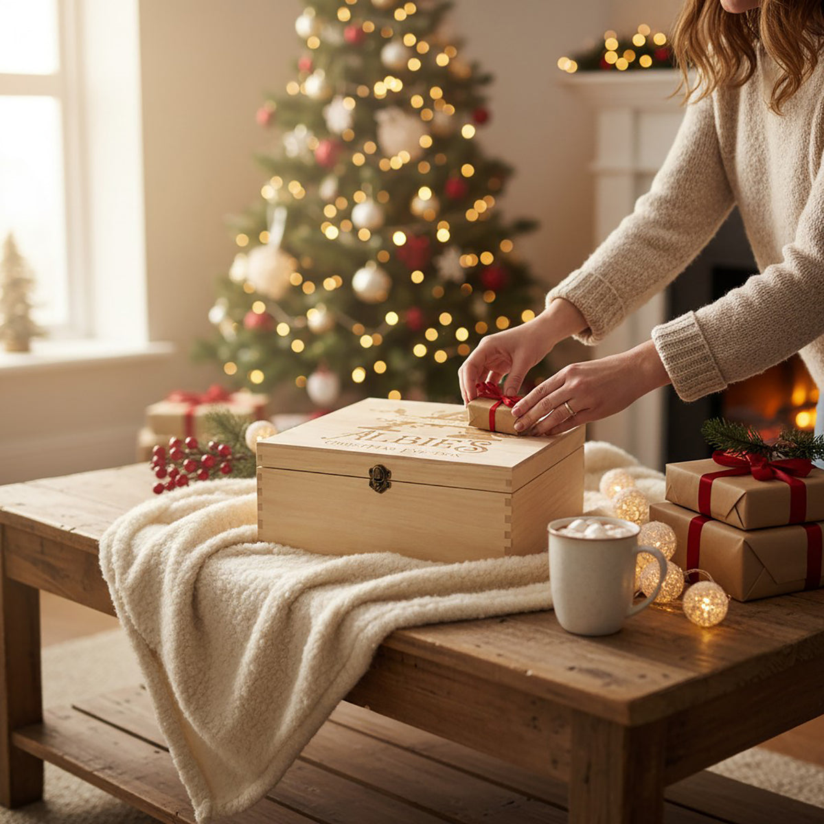 A woman in a cosy sweater places a small red bow on a wooden Christmas Eve box in a warm living room with a decorated Christmas tree, fireplace, and wrapped presents on a wooden table.