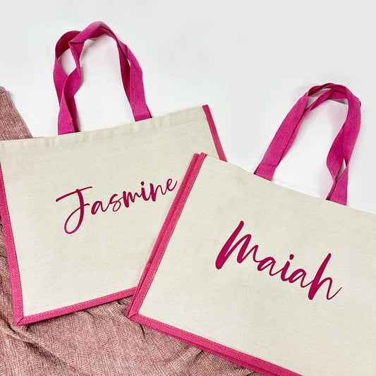 Personalised Pink Jute Shopping Bag - Bold Script