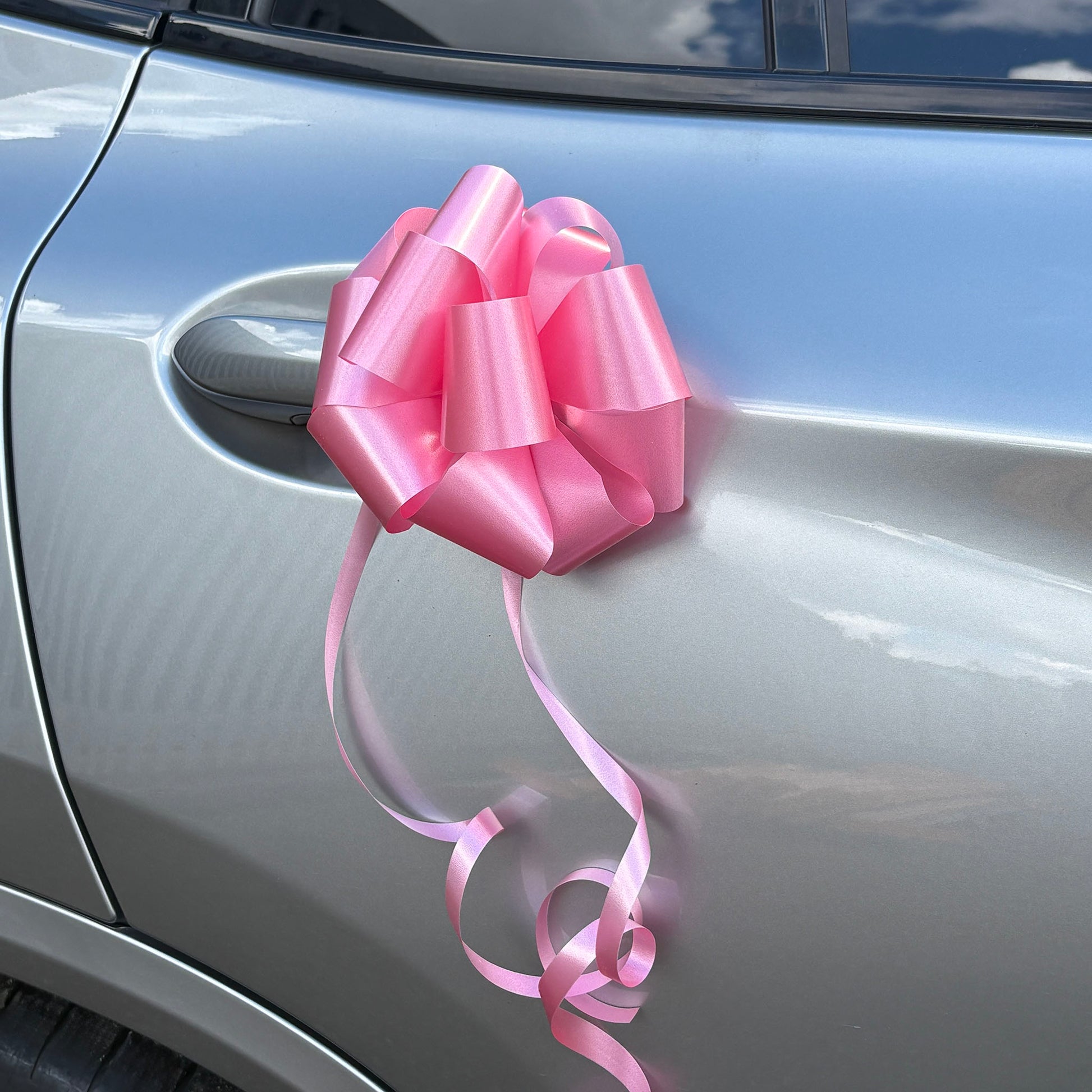Handmade wedding car door in in rose pink, attached to a car door.