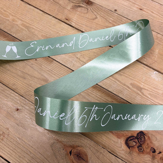 Sage Green Wedding Car Ribbon with white print. 