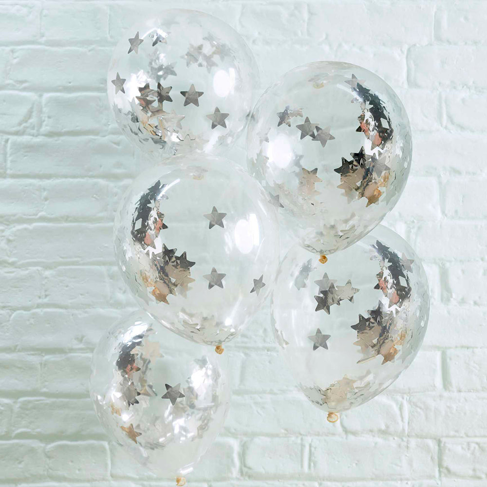 Silver Star Confetti Balloons x 5