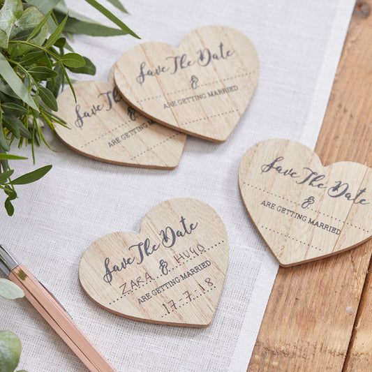 Wooden Heart Save the Date Magnets x 10