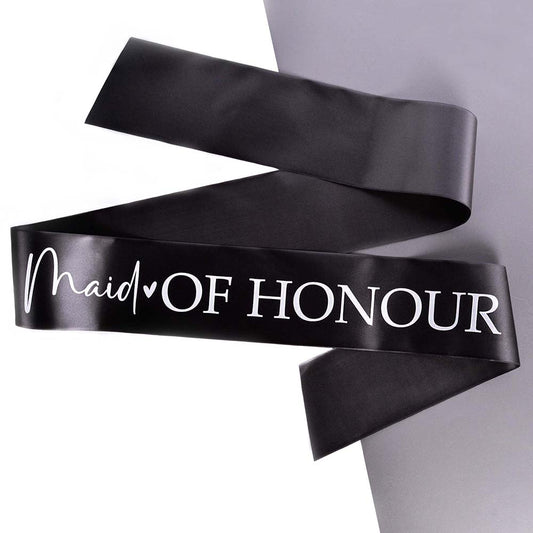 A black Maid of Honour Hen Party sash printed in white, on a grey background.
