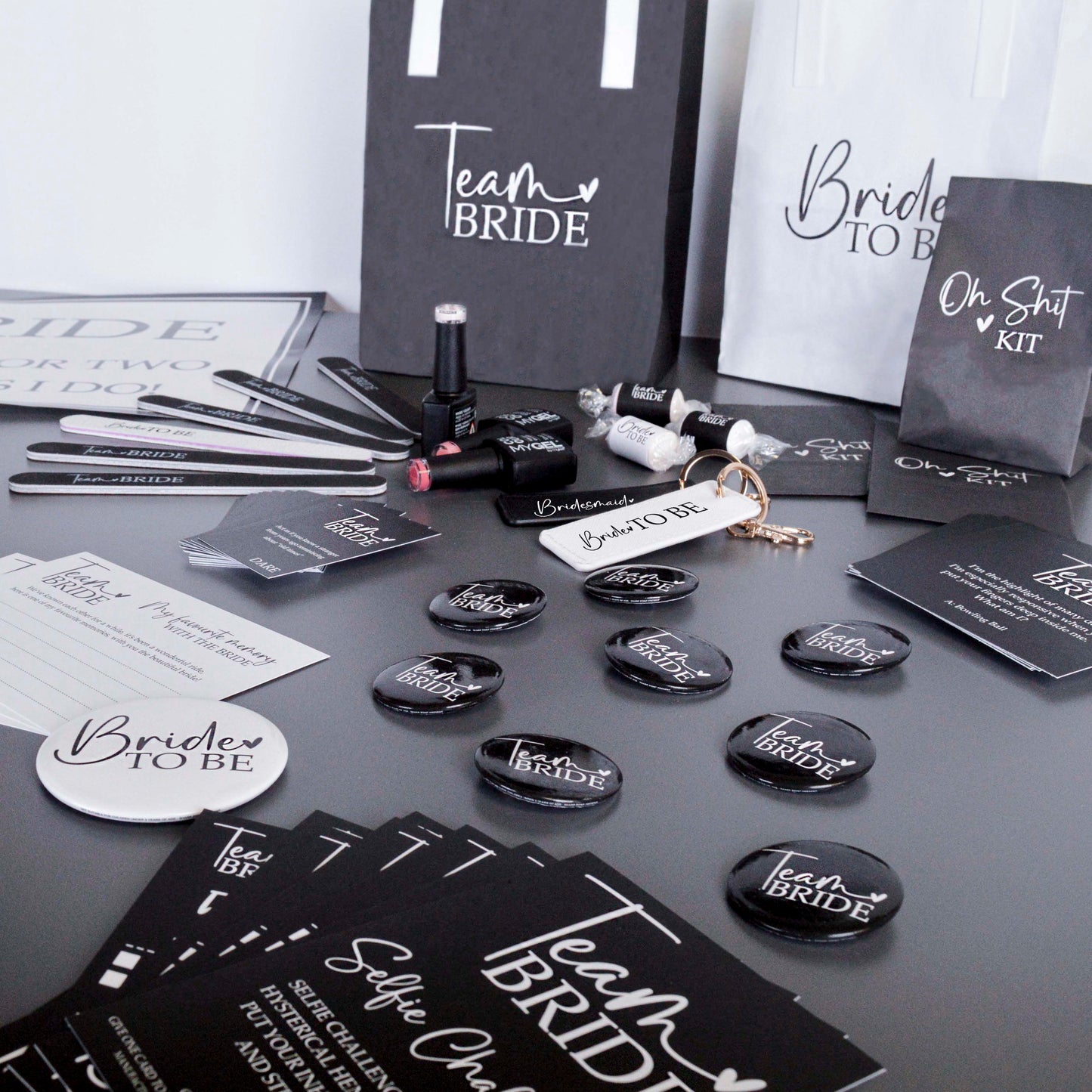 Matching Team Bride Hen Party Accessories  including badges, keyrings and hangover recovery kits. 
