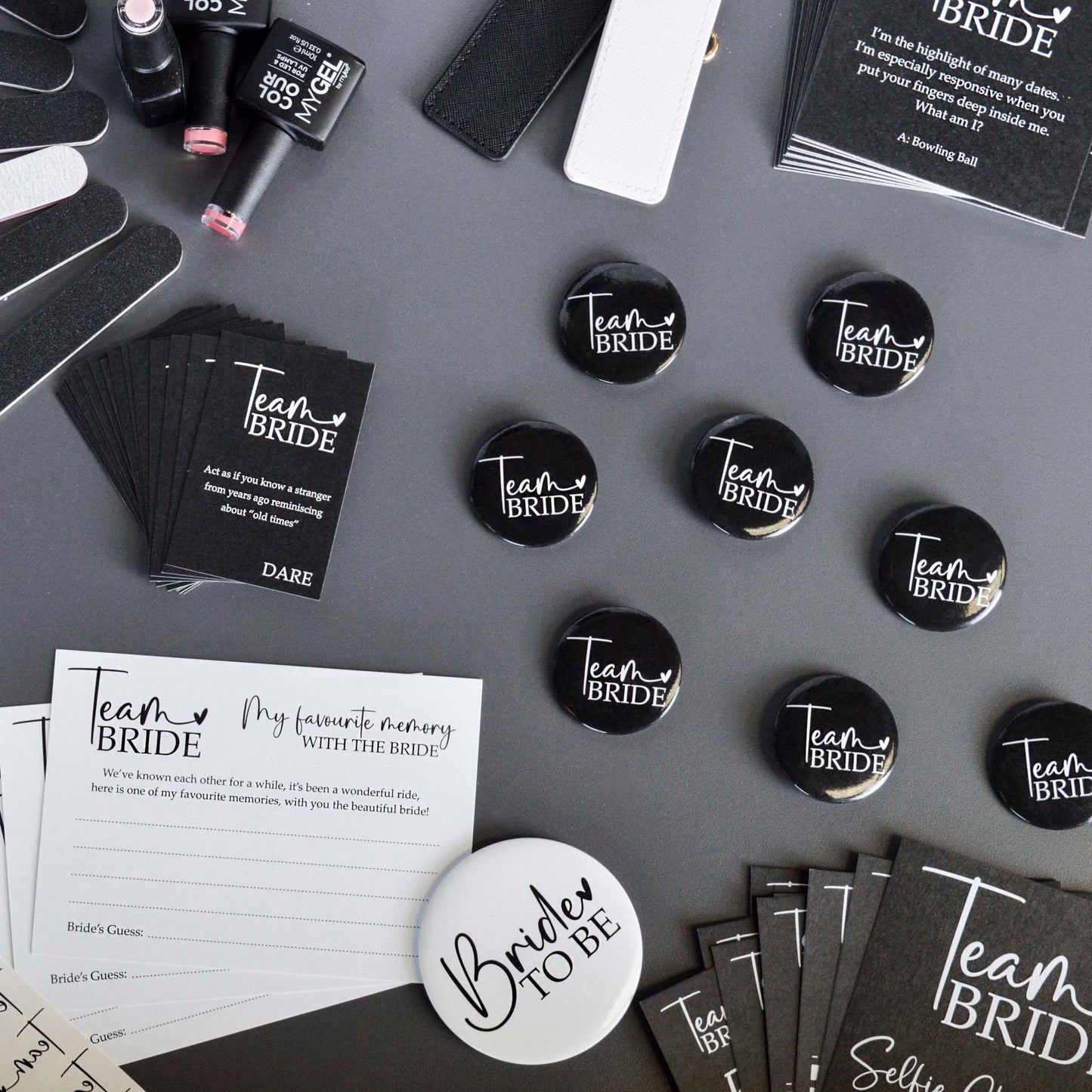 Matching Team Bride Hen Party Accessories including dares, badges, games cards and nail files. 