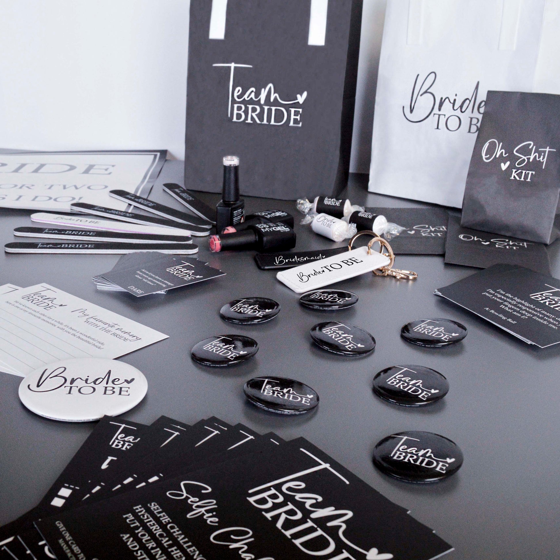 Black and white Team Bride Hen Party matching accessories. 
