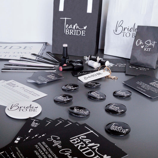 Black and white Team Bride Hen Party matching accessories. 