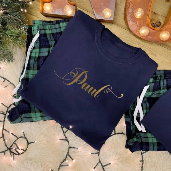 Personalised Couples Pyjamas With Name in Navy and Green Tartan