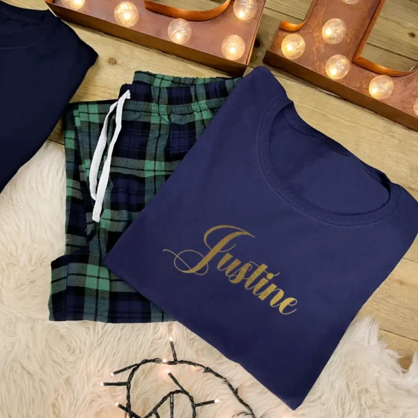 Personalised Couples Pyjamas With Name in Navy and Green Tartan