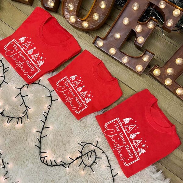 Family Christmas T-Shirts with Name and Christmas Trees in Red and White