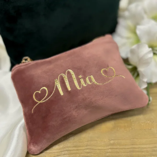 Personalised Accessory Bag in Soft Pink and Green Velvet. Personalised With Name.