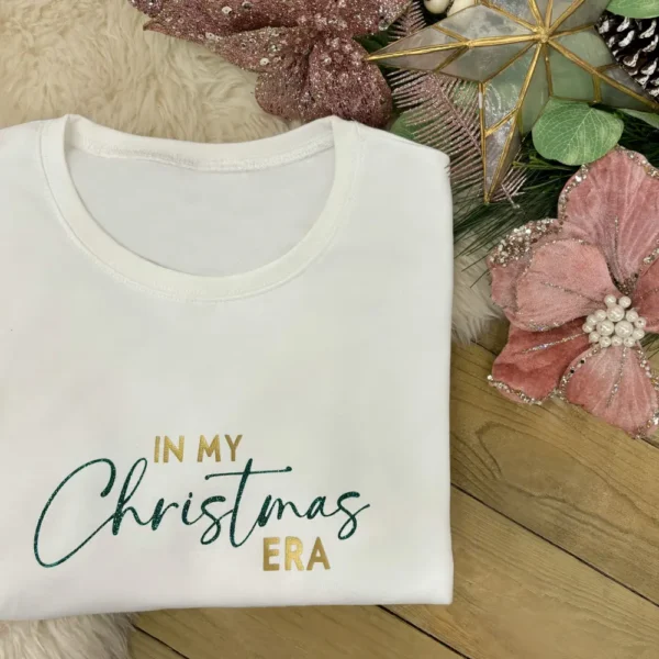 In My Christmas Era Jumper In White, Gold and Green Glitter