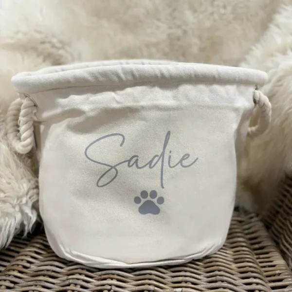 Personalised Pet Toy Basket - Heavy Duty Canvas Cotton Storage Basket For Pets With Custom Text and Paw Print