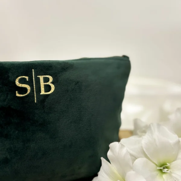 Personalised Accessory Bag in Soft Pink and Green Velvet. Personalised With Initials.