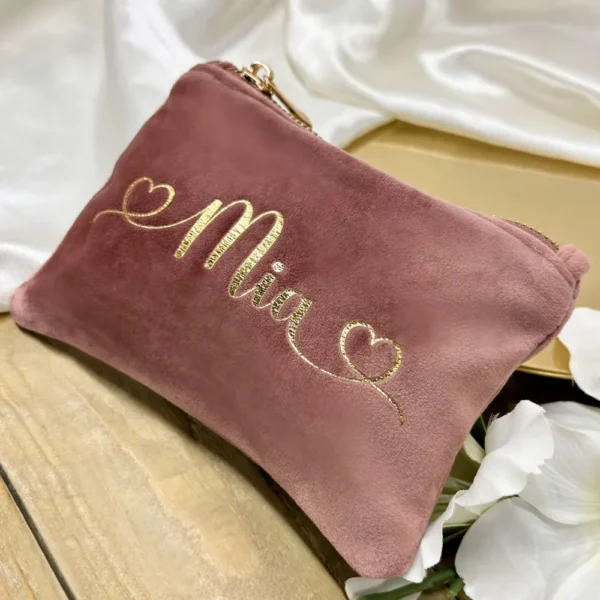 Personalised Accessory Bag in Soft Pink and Green Velvet. Personalised With Name.