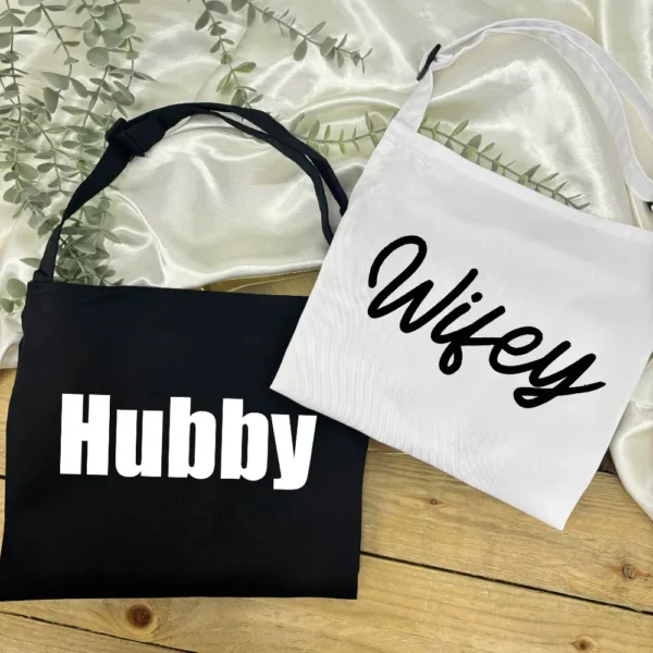 Hubby and Wifey Apron Set - Couples Apron For Husband and Wife in Black and White