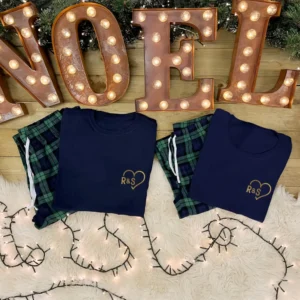 Personalised Couples Heart Pyjamas in Navy and Green Tartan - x2 Pyjama Sets