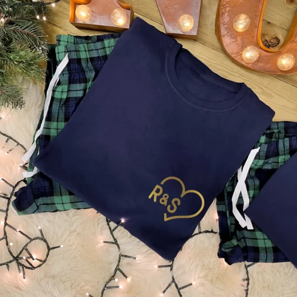 Personalised Couples Heart Pyjamas in Navy and Green Tartan - Men's Set