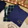 Personalised Couples Heart Pyjamas in Navy and Green Tartan - Women's Set