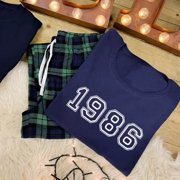 Couples Pyjamas With Custom Year - Tartan Trousers or Shorts Set With T-Shirt