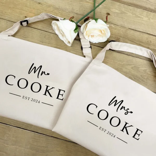 Husband and Wife Apron Set - Personalised With Mr and Mrs Name / Date