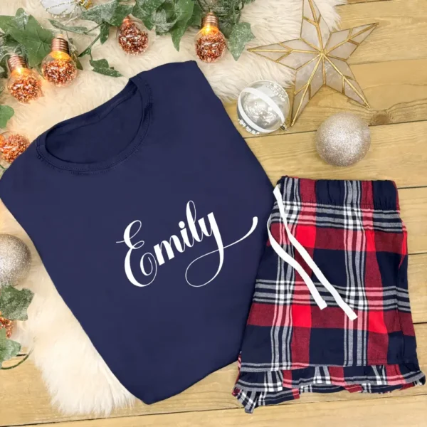 Personalised Women's Pyjamas With Name - Red or Green Tartan Set