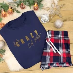 Crazy Cat Lady Pyjamas With Navy T-Shirt and Red Tartan Shorts