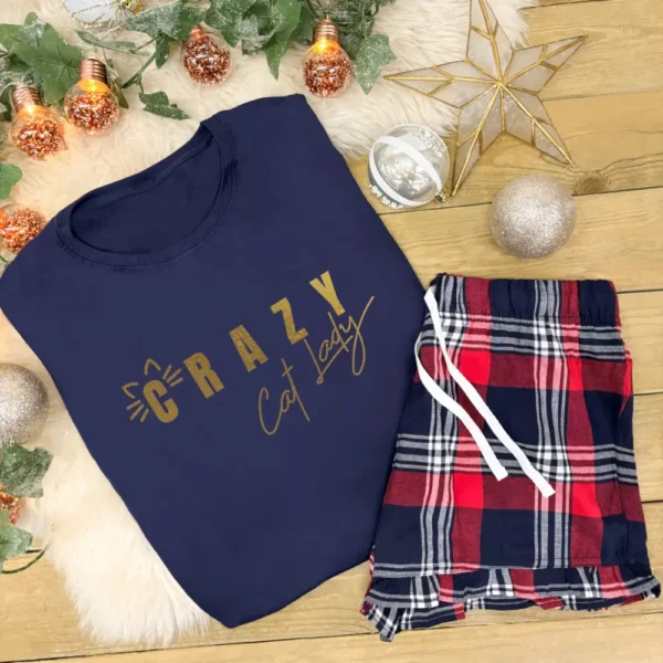 Crazy Cat Lady Pyjamas With Navy T-Shirt and Red Tartan Shorts