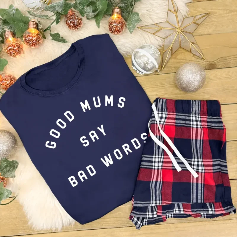 Women's Pyjamas - Good Mums Say Bad Words in Navy and White With Red Tartan Shorts