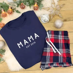 MAMA Pyjamas in Navy With Red Tartan Shorts - Personalised With Date