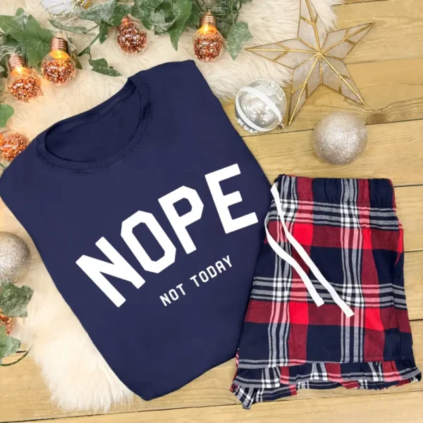 Women's Tartan Pyjamas - NOPE Not Today With T-Shirt and Tartan Shorts or Trousers