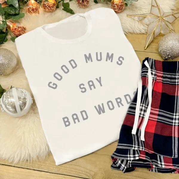 Women's Pyjamas - Good Mums Say Bad Words in White and Grey With Red Tartan Shorts