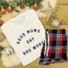 Women's Pyjamas - Good Mums Say Bad Words in White and Red Tartan Shorts